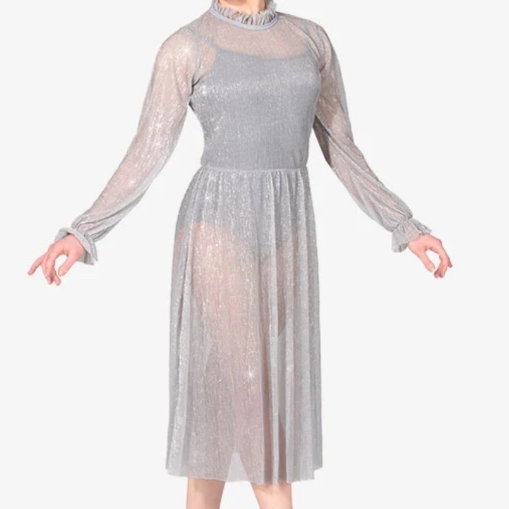 Double Platinum Silver Glitter sheer Mesh Long Sleeve Lyrical Dance‎ Dress NWT